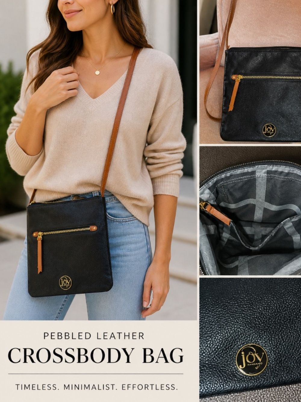 Joy Mangano Black pebbled leather crossbody bag in excellent new condition. NWOT